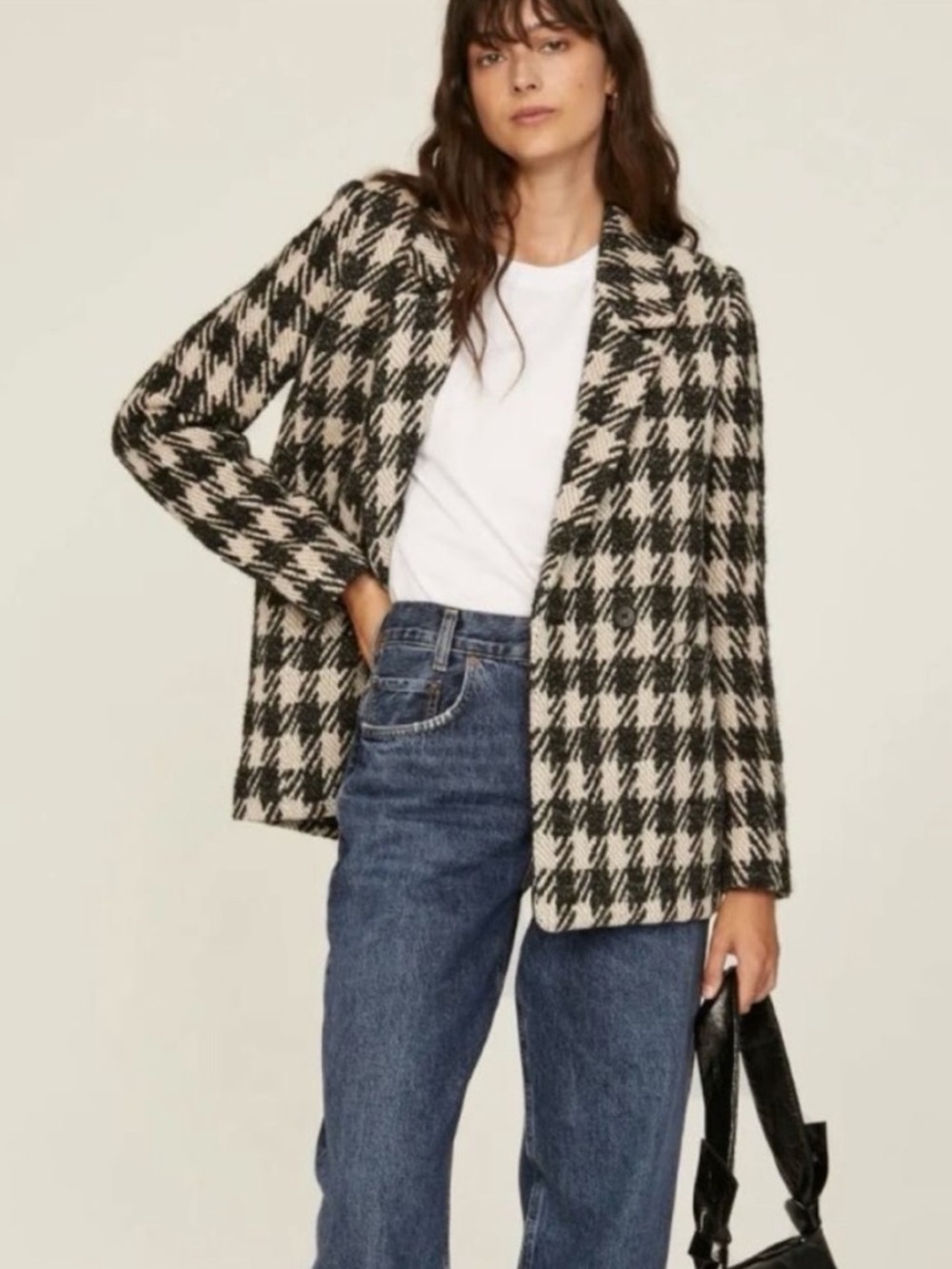 Anine Bing Houndstooth Diana Blazer Jacket Black Cream Medium